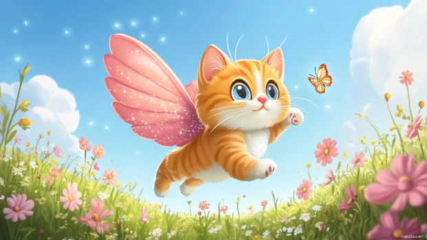 Magical cat with wings soaring above meadow, flowers, and twinkling stars.