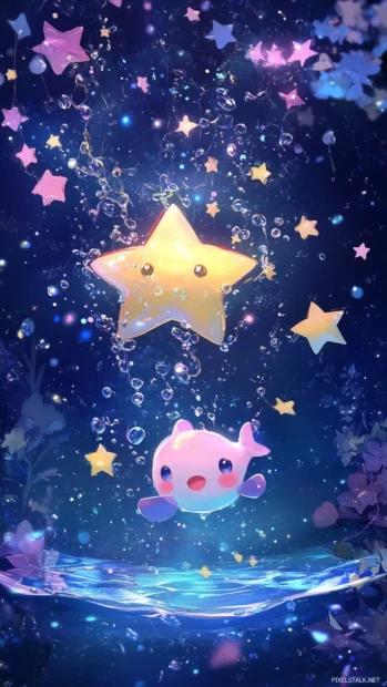 Magical chibi stars splashing in dream oceans, glowing gently through lovely chibi stars background.