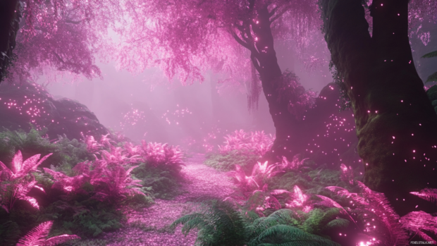 Magical forest with pink leaved trees and glowing plants.