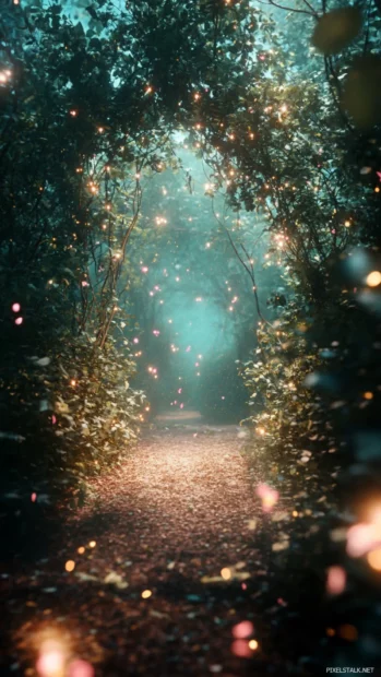 Magical girly forest with softly glowing fairy dust.
