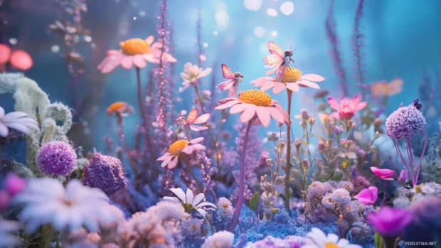 Magical girly garden with pastel fairies and blooming flowers.