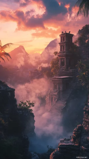 Magical mist curling over ancient ruins at dawn.