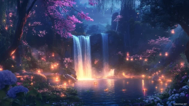 Magical pretty forest waterfall at twilight inspired by Fantasy pretty landscape desktop.