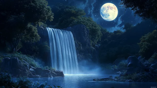 Magical pretty waterfall glowing in moonlight inspired by Pretty fantasy landscape wallpaper.