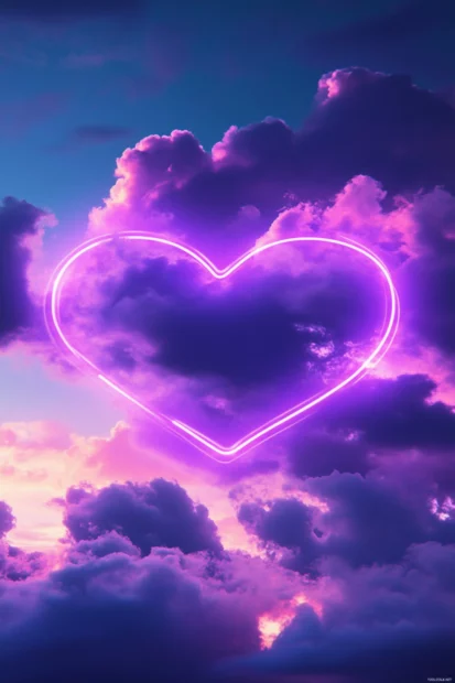 Magical purple cloud outlined with soft neon glow with theme of Purple neon heart wallpaper aesthetic.