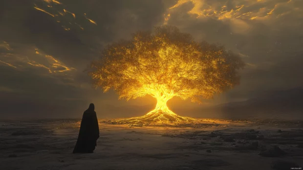 Magical tree glowing in a barren landscape, watched by a cloaked figure.