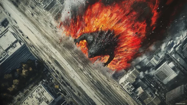Magma bursts as Shin Godzilla smashes through concrete roads.