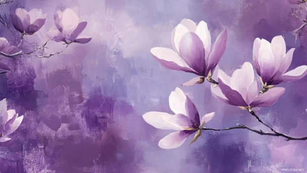 Magnolia blooms painted in lavender strokes, calm purple floral wallpapers for desktop.