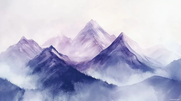 Majestic Watercolor Peaks Painted In Faded Pastel Shades.