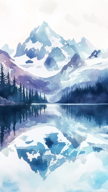 Majestic Watercolor Snow Capped Mountains Reflecting In A Quiet Lake.