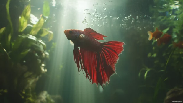 Majestic betta fish, serene aquarium, fins glowing soft lighting, tank bubbles rising.