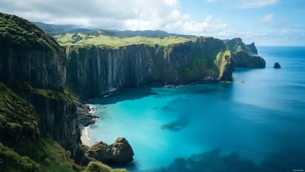 Majestic cliffs overlooking pretty turquoise bay.