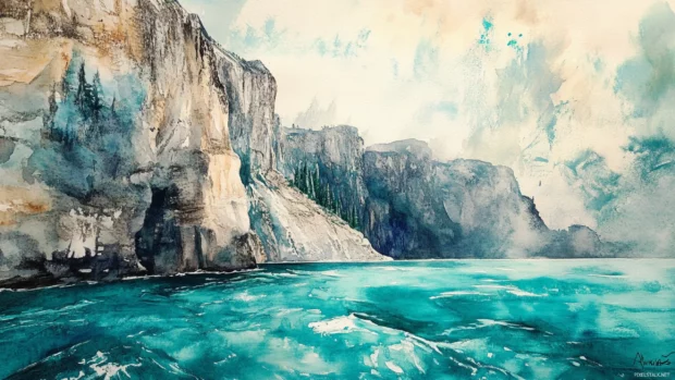 Majestic cliffs rising above a turquoise watercolor sea.