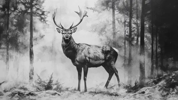Majestic deer standing in a monochrome watercolor forest clearing.