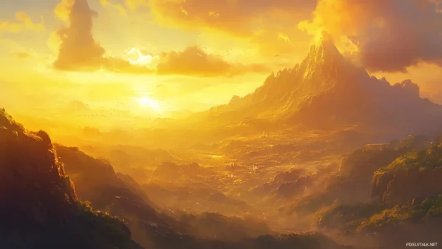 Majestic mountain landscape bathed in golden hour light, HD PC wallpaper inspiration.