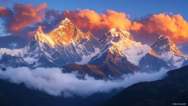 Majestic mountain sunrise for Nature PC Wallpapers with golden light streaming over the peaks, perfect for high resolution desktop backgrounds.