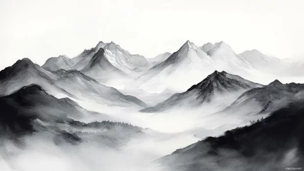 Majestic mountains rising in the distance, painted in monochrome watercolor.