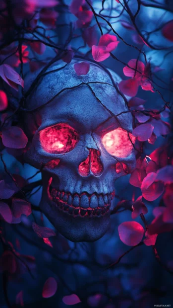 Majestic skull glowing under moonlight and street petals.