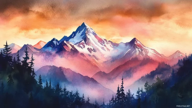 Majestic sunset mountain watercolor artwork with snow capped peaks bathed in twilight.