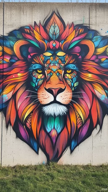 Mandala expanding from lions mane in kaleidoscope graffiti.