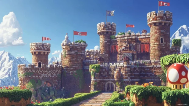 Mario Bros Desktop Wallpaper featuring a detailed castle backdrop with banners waving in the wind.