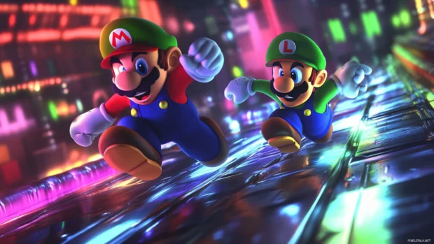 Mario Bros Desktop Wallpaper showing Luigi and Mario racing through a pipe maze with glowing effects.