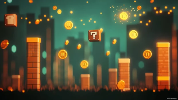Mario Bros Desktop Wallpaper with dynamic jump animation, gold coins floating mid air and warp pipes glowing.