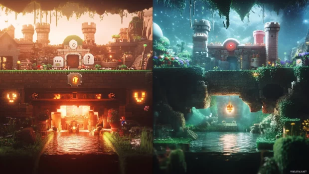 Mario Bros Desktop Wallpaper with split screen design showing overworld and underground stages.