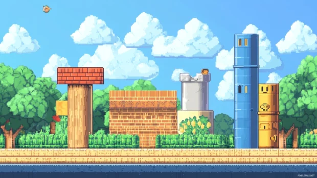 Mario Bros activate a switch that reshapes the world around them into new pixel patterns.