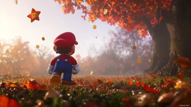 Mario Bros drift through a misty field dotted with star coins and hidden surprises.