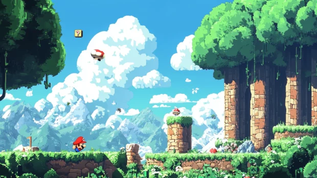 Mario Bros prepare to leap into action as a wave of enemies approaches through the green hills.