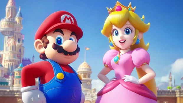 Mario Bros reunite at the top of a floating castle with Peach smiling in the distance.