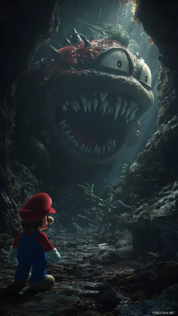 Mario Bros wallpaper for phone, highlighting a dramatic showdown between Mario and a giant Piranha Plant in a dark cave.