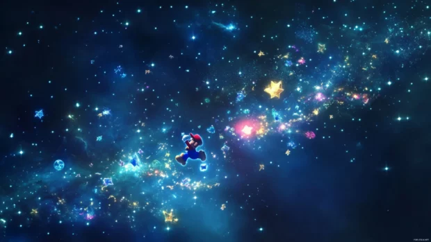 Mario Galaxy Wallpaper featuring Mario flying through a glowing starfield with Luma companions.