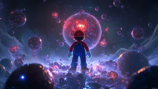 Mario Galaxy Wallpaper of Mario standing heroically on a glowing planetoid surrounded by Lumas.