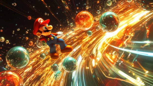 Mario Galaxy Wallpaper where he jumps between miniature planets connected by light trails.