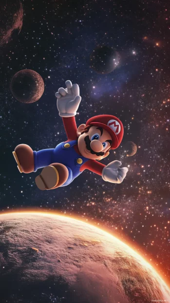 Mario Galaxy Wallpaper with Mario gliding across stars above a ringed gas planet in vertical format.