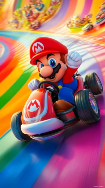 Mario Kart Wallpaper for phones with Mario racing on a vertical rainbow spiral.