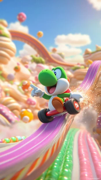 Mario Kart Wallpaper showing Yoshi using a mushroom boost on a twisting candy track.