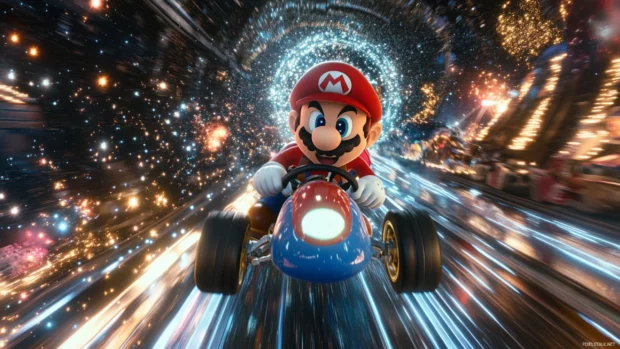 Mario Kart Wallpaper with Toad in a rocket kart boosting through a tunnel of stars.