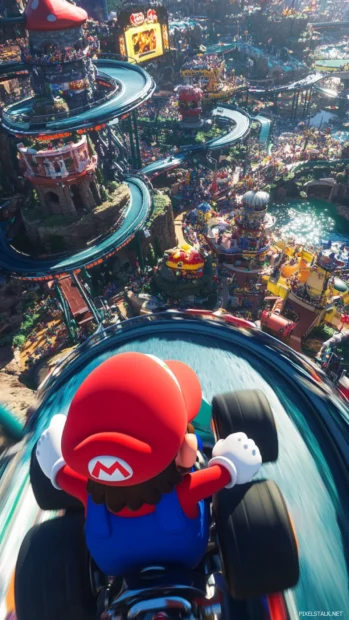 Mario Kart chaos unfolds on a vertical rollercoaster track with twisting loops.