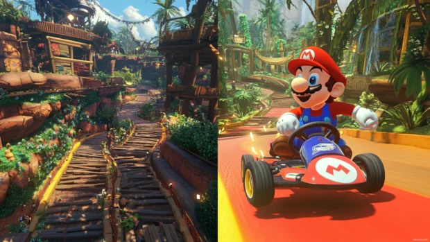 Mario Kart racers leap from track to track in an anti gravity jungle course.