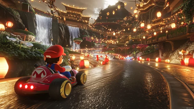 Mario Kart racers speed through a winding track lined with floating lanterns and waterfalls.