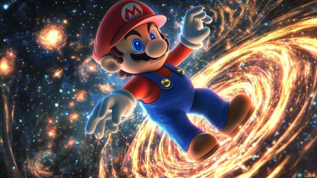 Mario Star Wallpaper featuring Mario surrounded by orbiting stars and galactic trails.