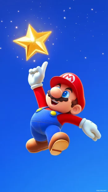 Mario Star Wallpaper for mobile showing Mario mid jump reaching for a golden starburst.