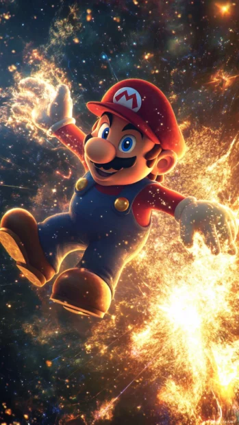 Mario Star Wallpaper in vertical layout with Mario diving through a starfield glowing with energy.