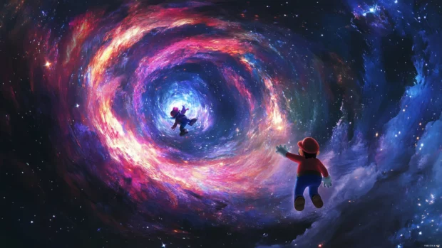 Mario Star Wallpaper showing Mario and Luma flying through the stars in a cosmic swirl.