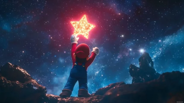 Mario Star Wallpaper with Mario holding a glowing star above his head under a galactic sky.