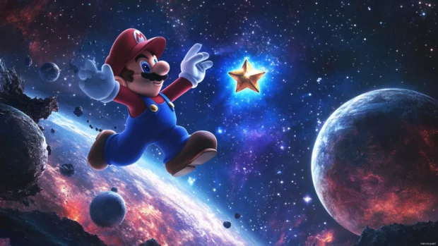 Mario Star Wallpaper with Mario reaching for a floating star between planets in outer space.