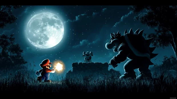 Mario Wallpaper featuring a cartoon battle between Mario and Bowser under moonlight.